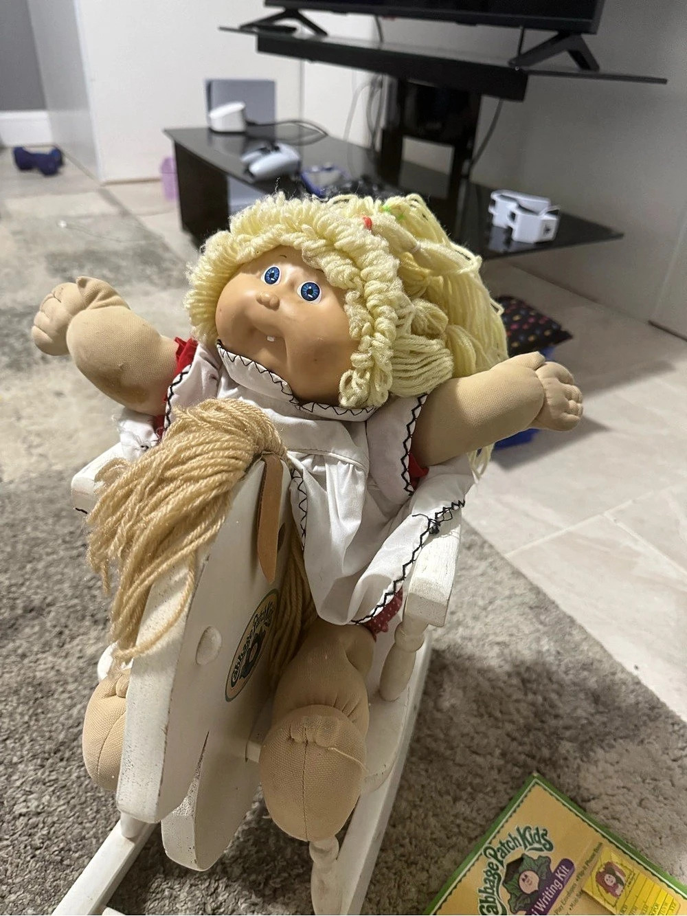 Cabbage Patch Kids rocking horse doll set Pink & White. There is a trunk full of